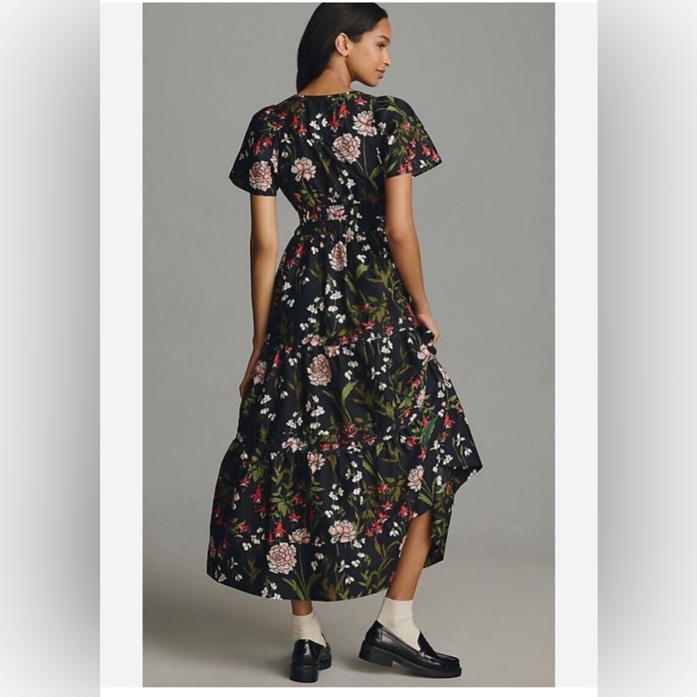 Anthropologie The Somerset Maxi Dress Tiered Smocked Floral Black Motif XS